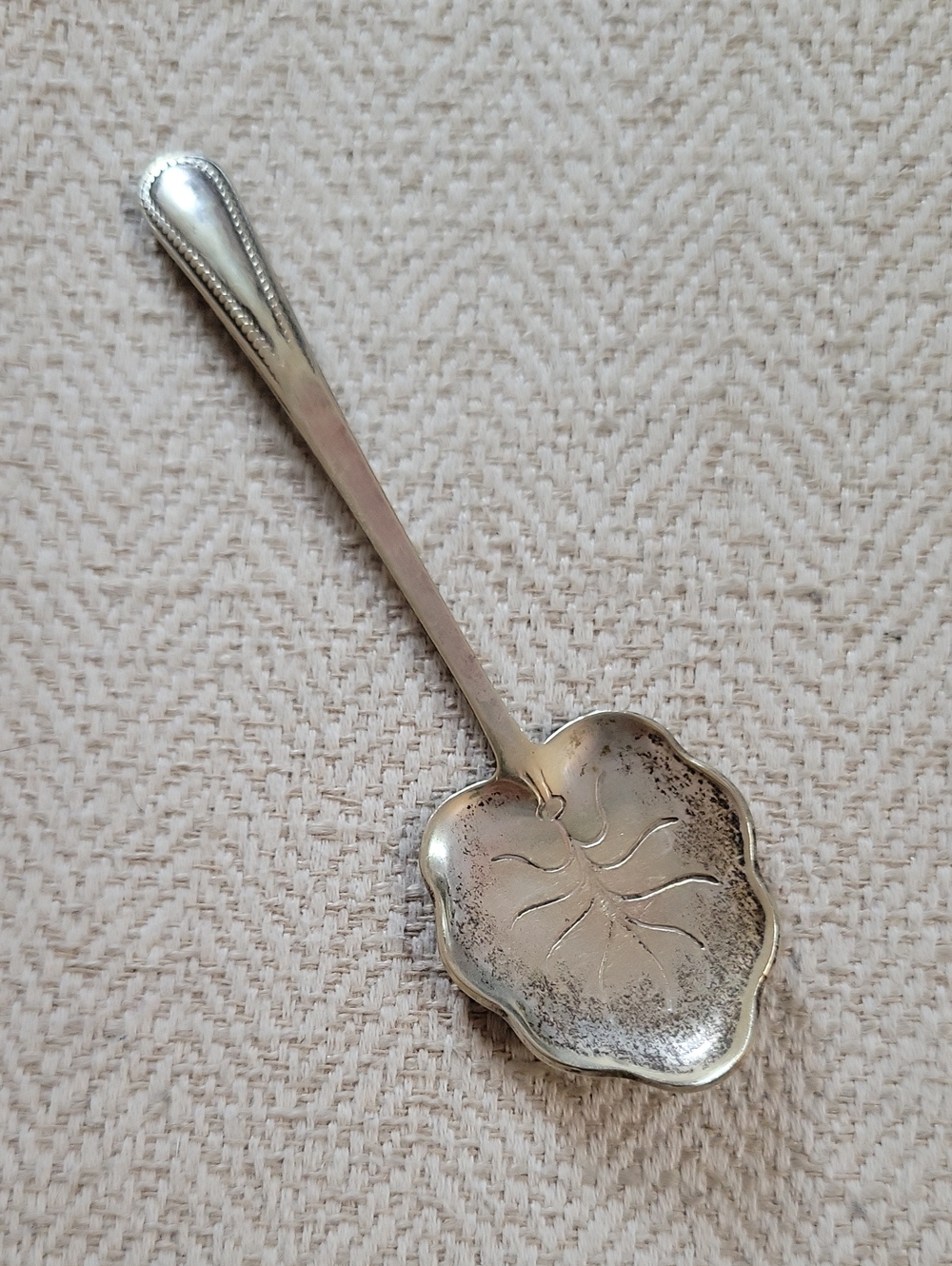 Vintage Ornate Silver Plate Leaf Shaped Tea Caddy Berry Spoon Antique Accent